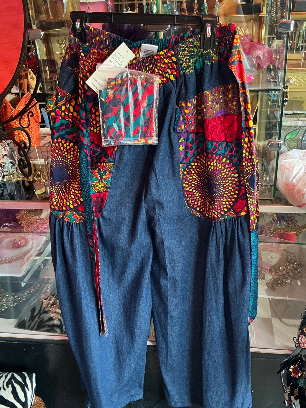 Indigo Wide-Leg Patchwork Pants with Vibrant Accents